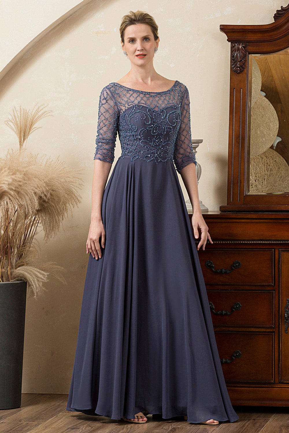 Sparkly Grey Blue Beaded Mother of the Bride Dress