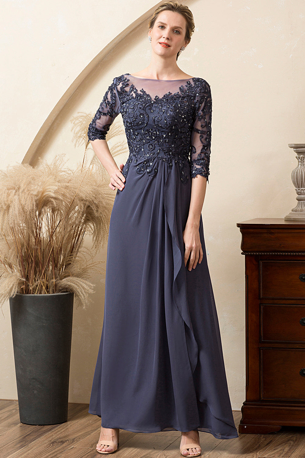 Grey Blue Sparkly Beaded Chiffon Mother of the Bride Dress