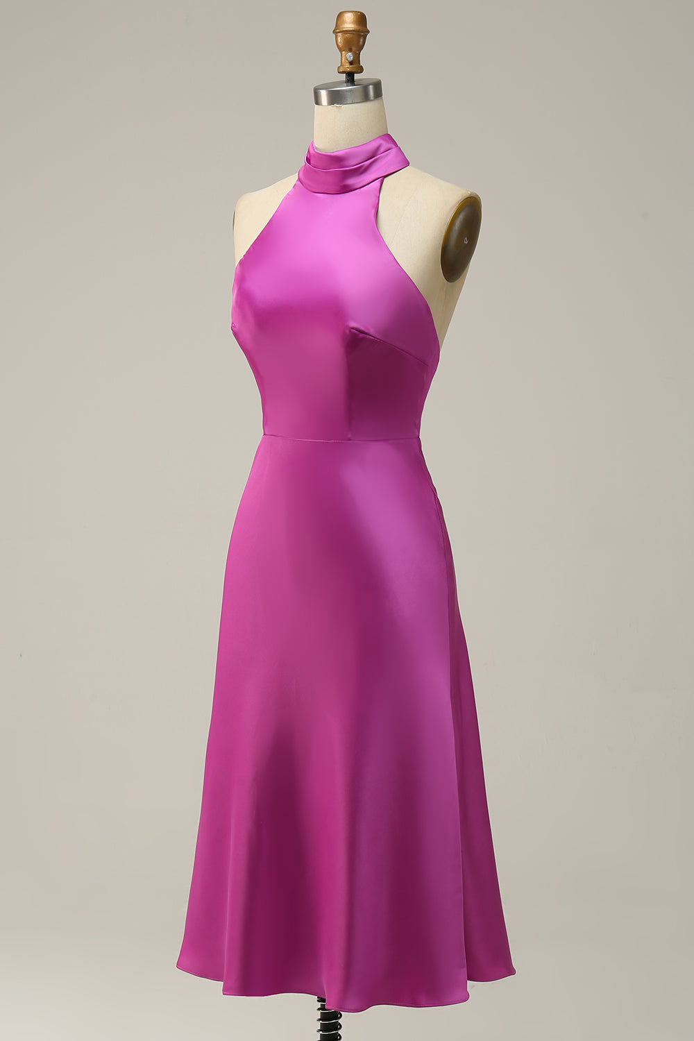 Fuchsia Halter Neck Open Back Midi Prom Dress