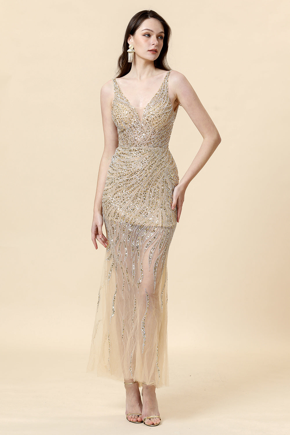 Sheath V Neck Golden Beaded Formal Dress with Backless