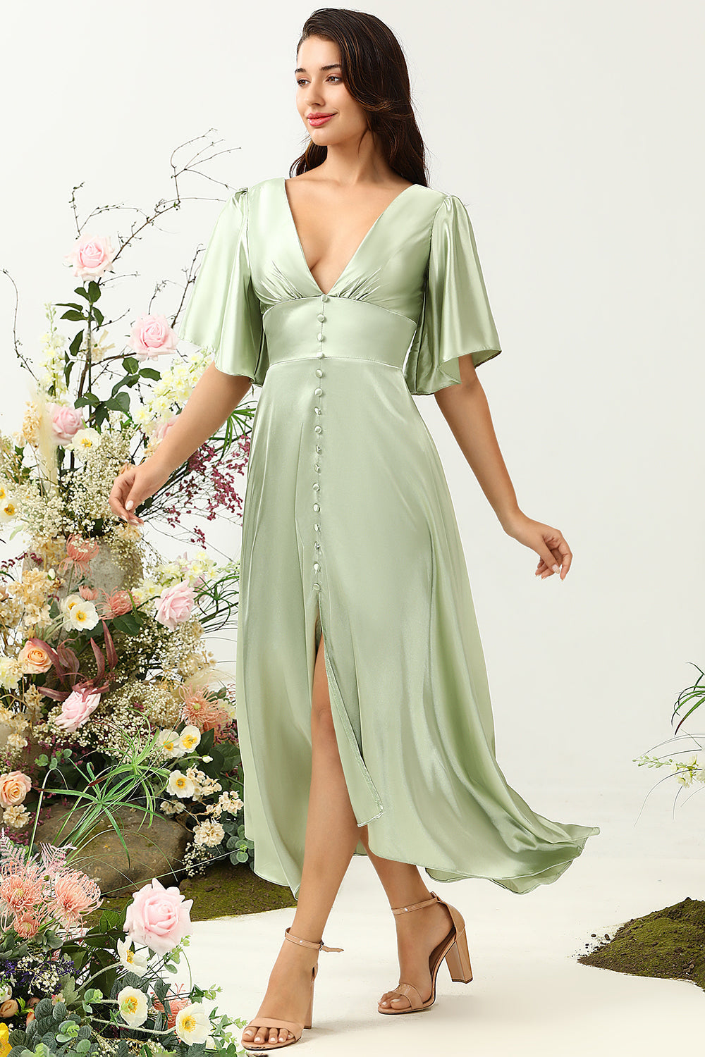 A Line Deep V Neck Light Green Wedding Guest Dress with Half Sleeves