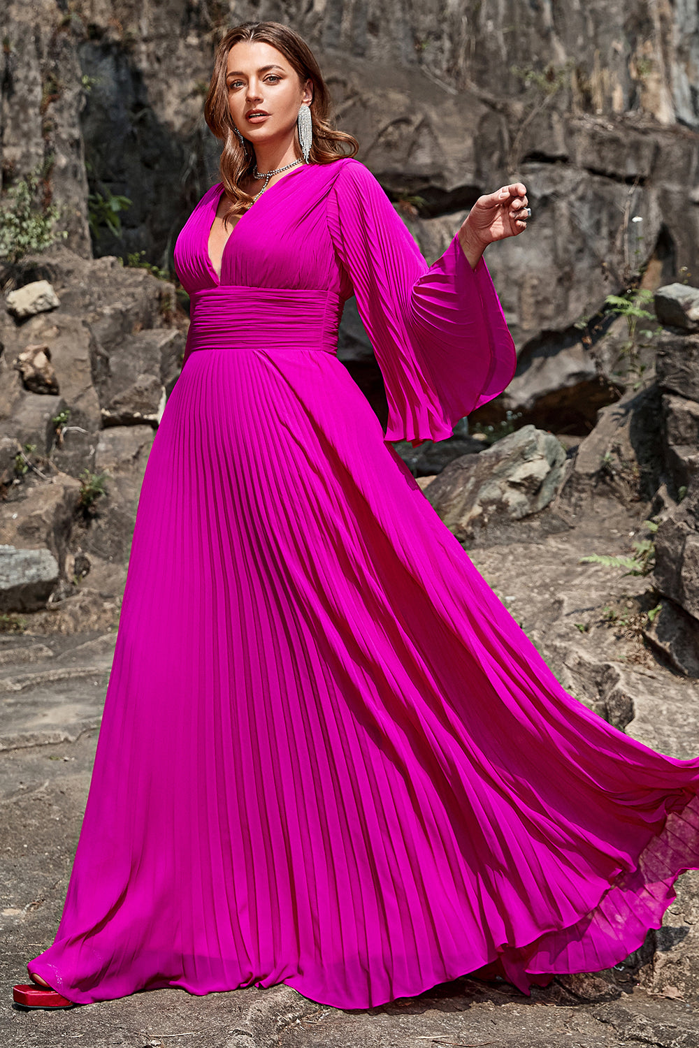 A Line Deep V Neck Dark Fuchsia Plus Size Prom Dress with Long Sleeves