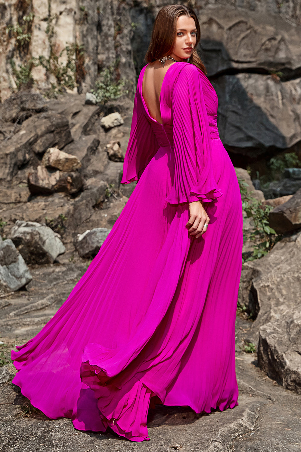 A Line Deep V Neck Dark Fuchsia Plus Size Prom Dress with Long Sleeves