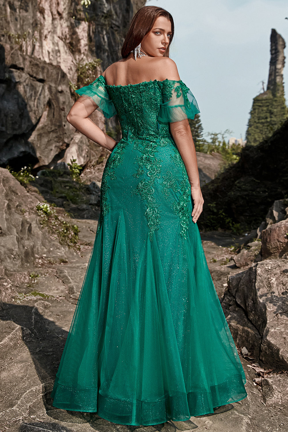 Mermaid Off the Shoulder Dark Green Plus Size Prom Dress with Appliques