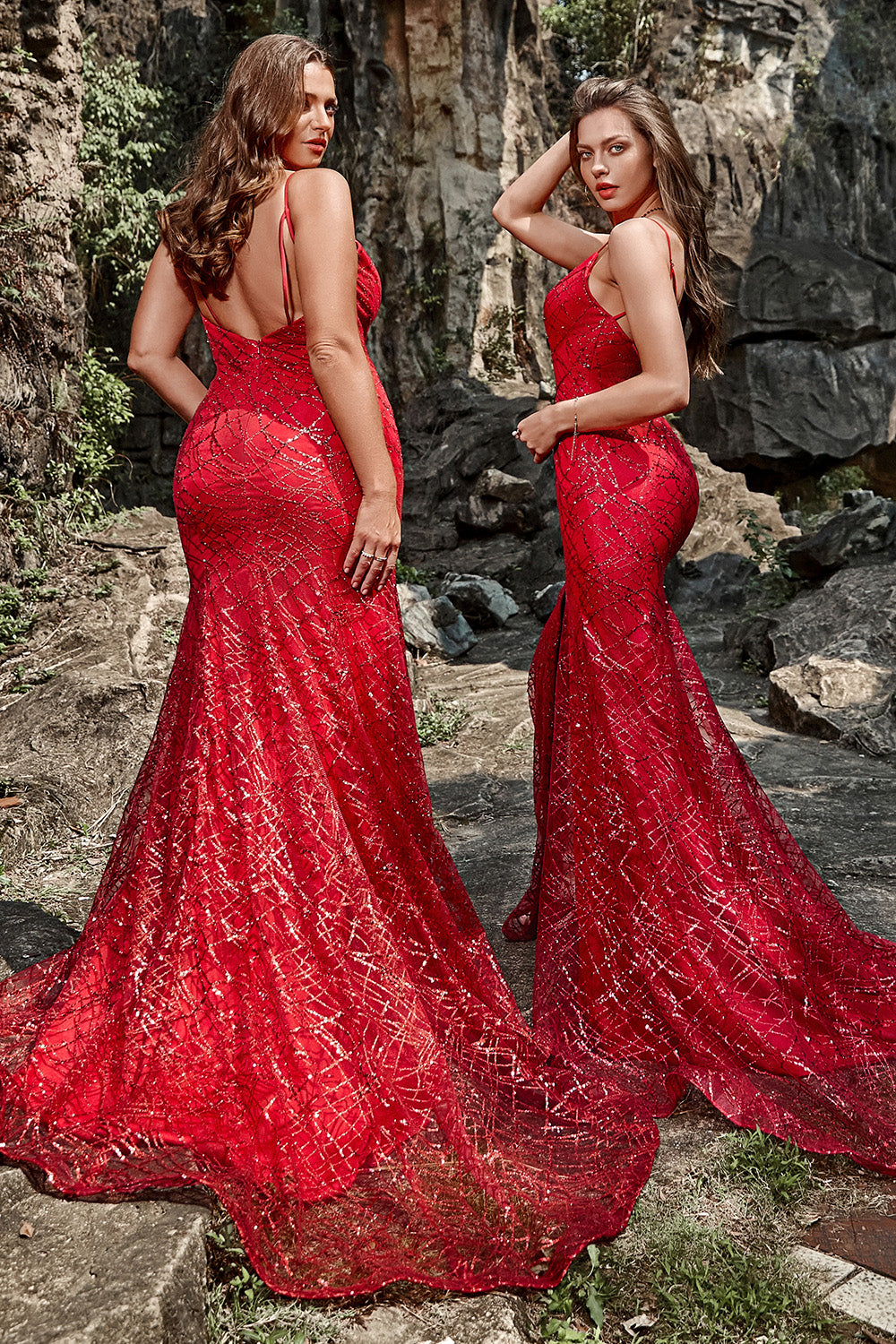 Dark Red Sequins Mermaid Long Sparkly Prom Dress with Slit