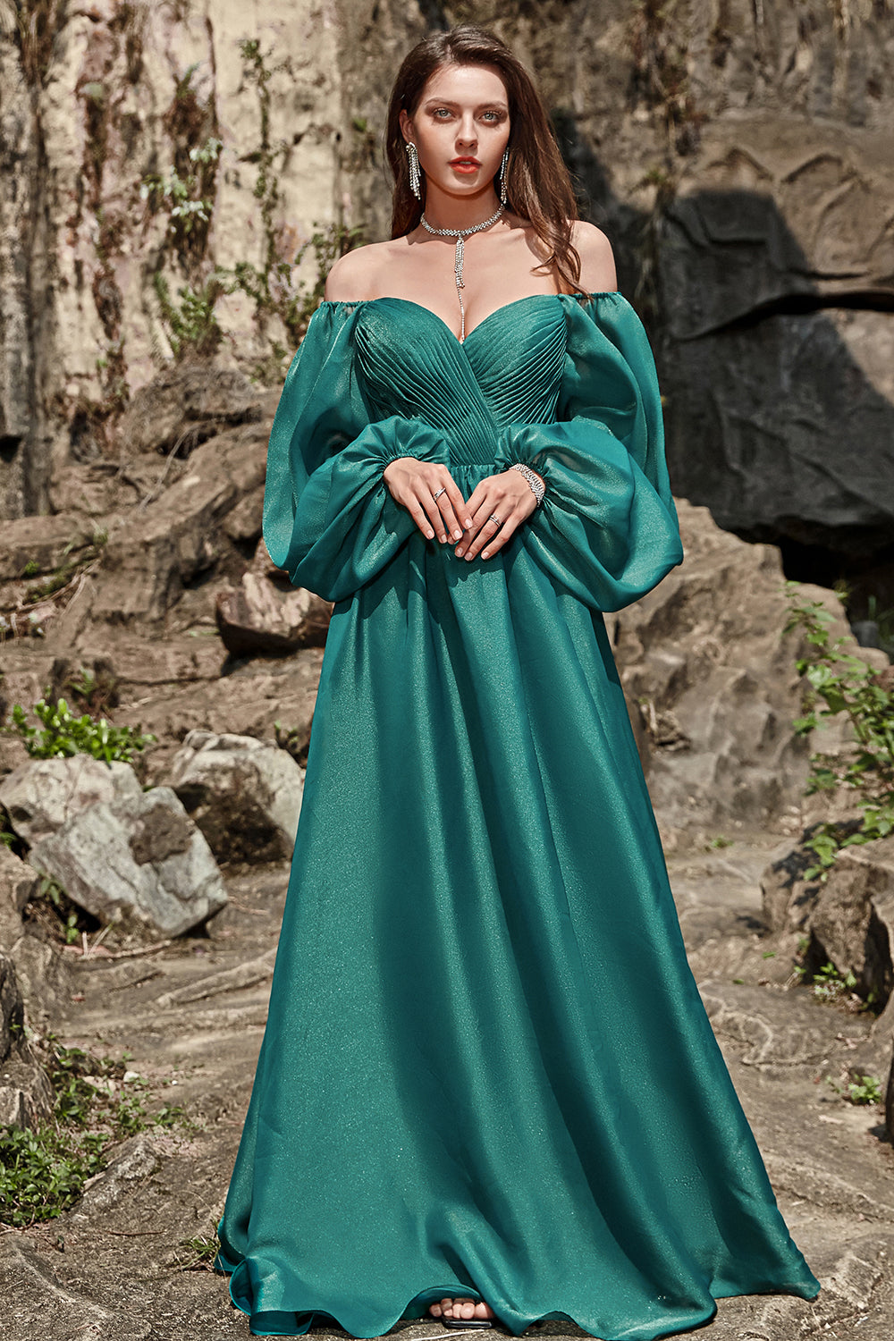 A Line Sweetheart Dark Green Long Prom Dress with Long Sleeves