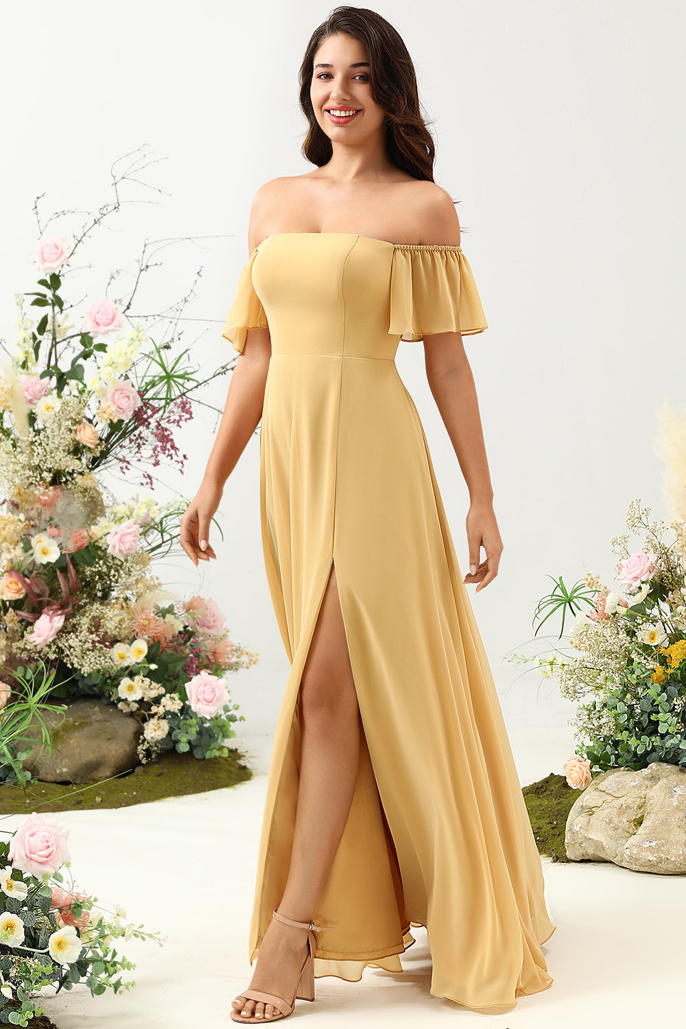 A Line Off the Shoulder Yellow Long Bridesmaid Dress