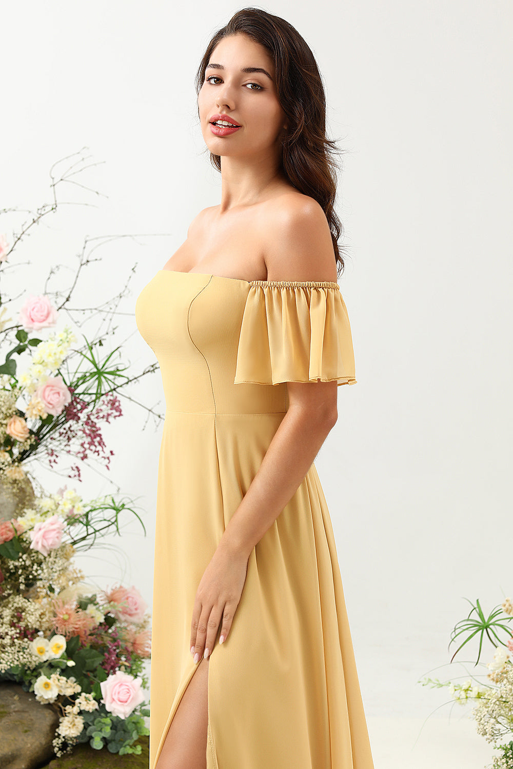 A Line Off the Shoulder Yellow Long Bridesmaid Dress