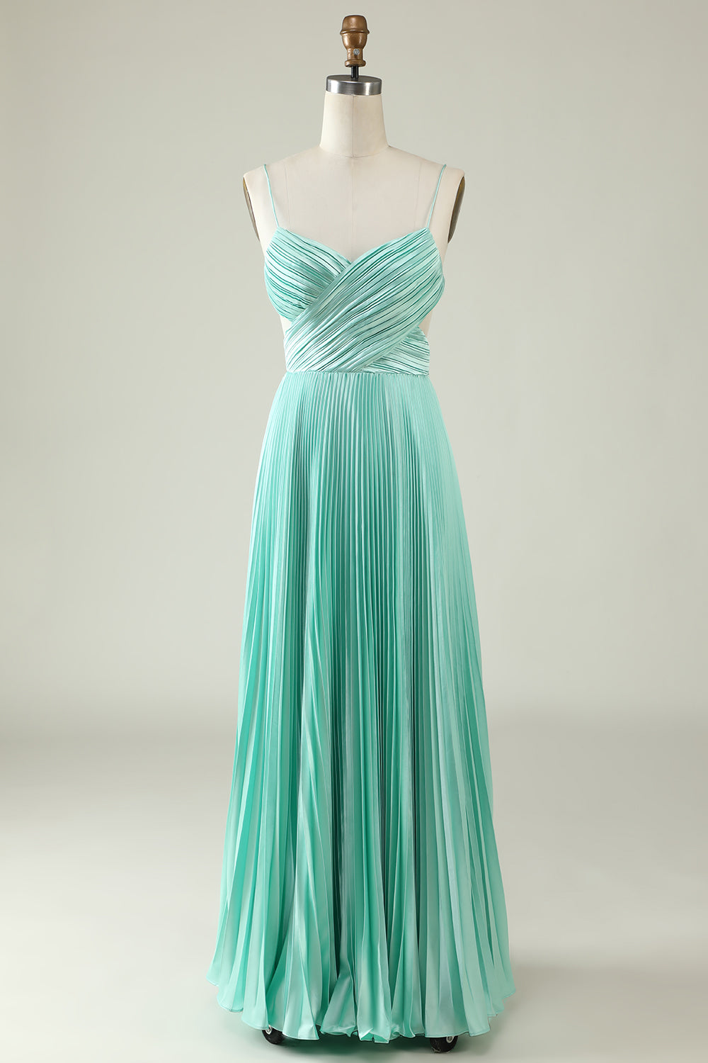 Light Green Spaghetti Straps Pleated Long Bridesmaid Dress