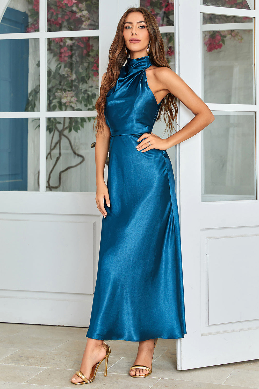 Ink Blue Round Neck Long Wedding Guest Dress