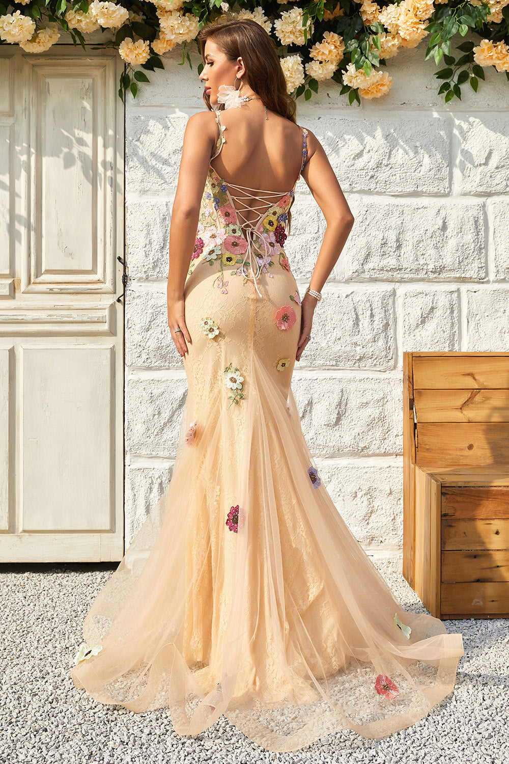 Mermaid Deep V Neck Champagne Long Prom Dress with Criss Cross Back