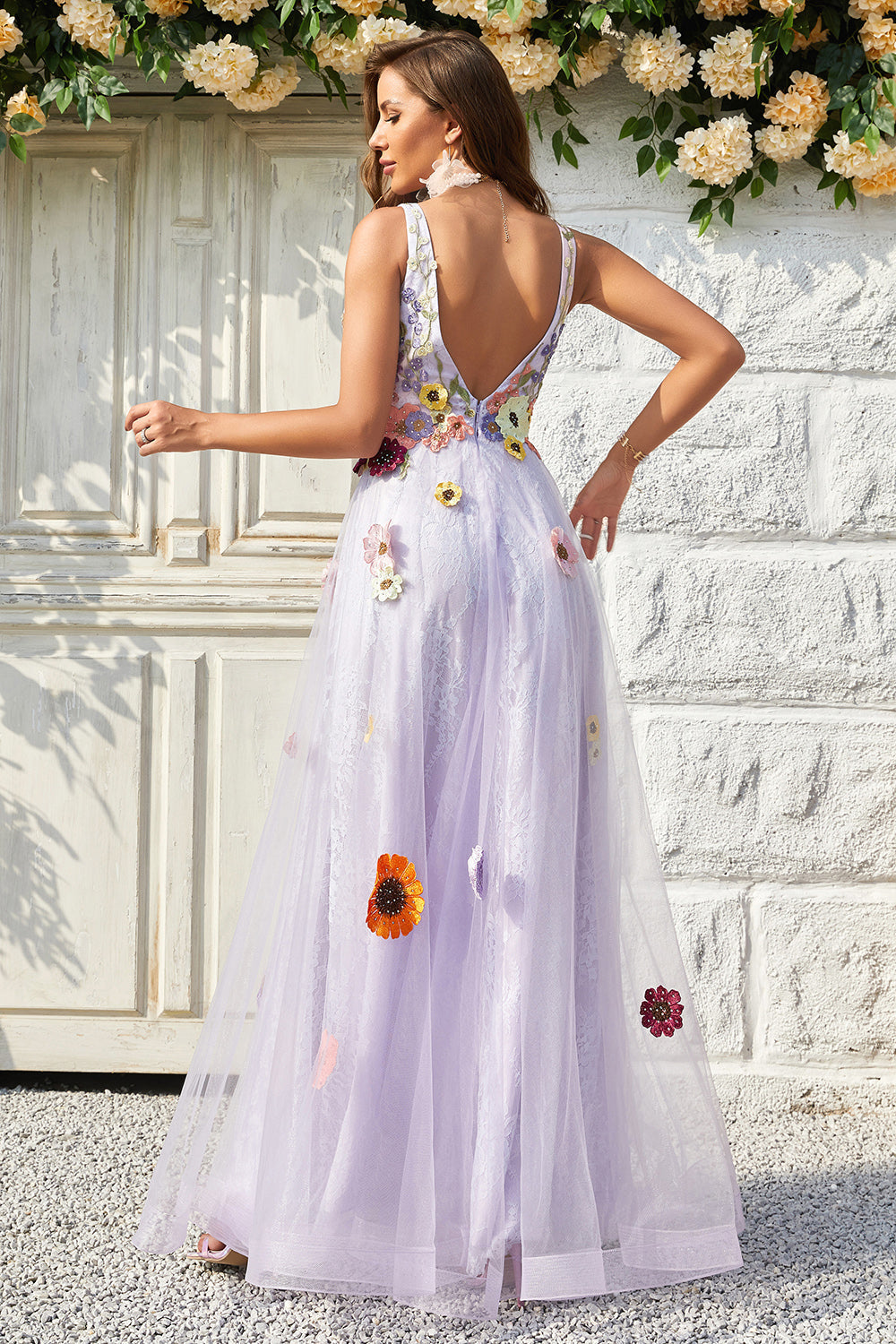 A Line Deep V Neck Lavender Long Prom Dress with Open Back