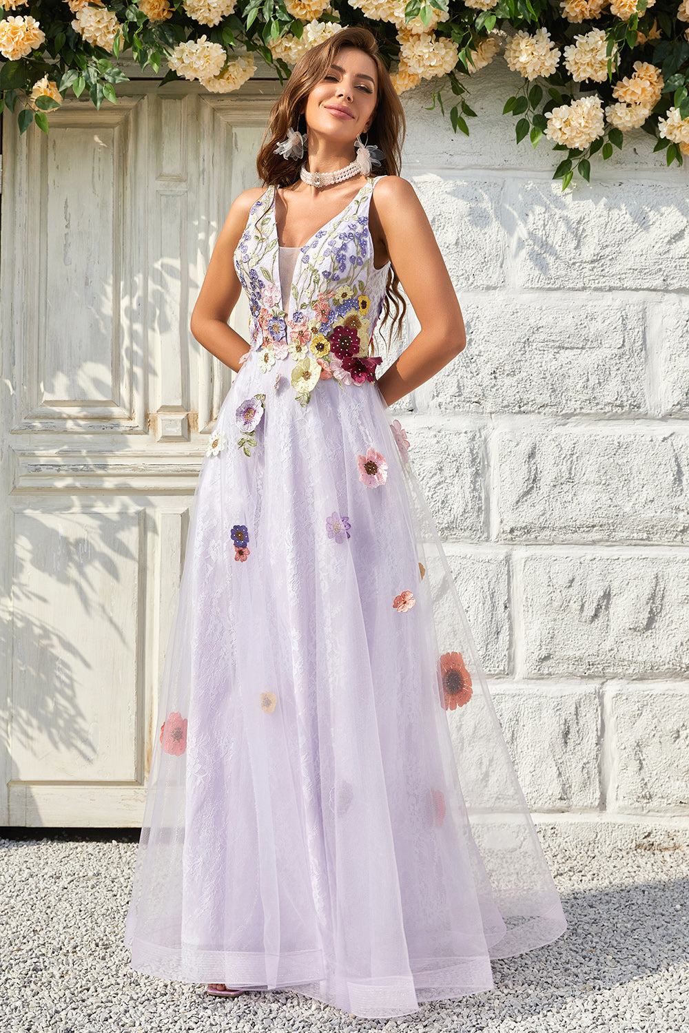 A Line Deep V Neck Lavender Long Prom Dress with Open Back