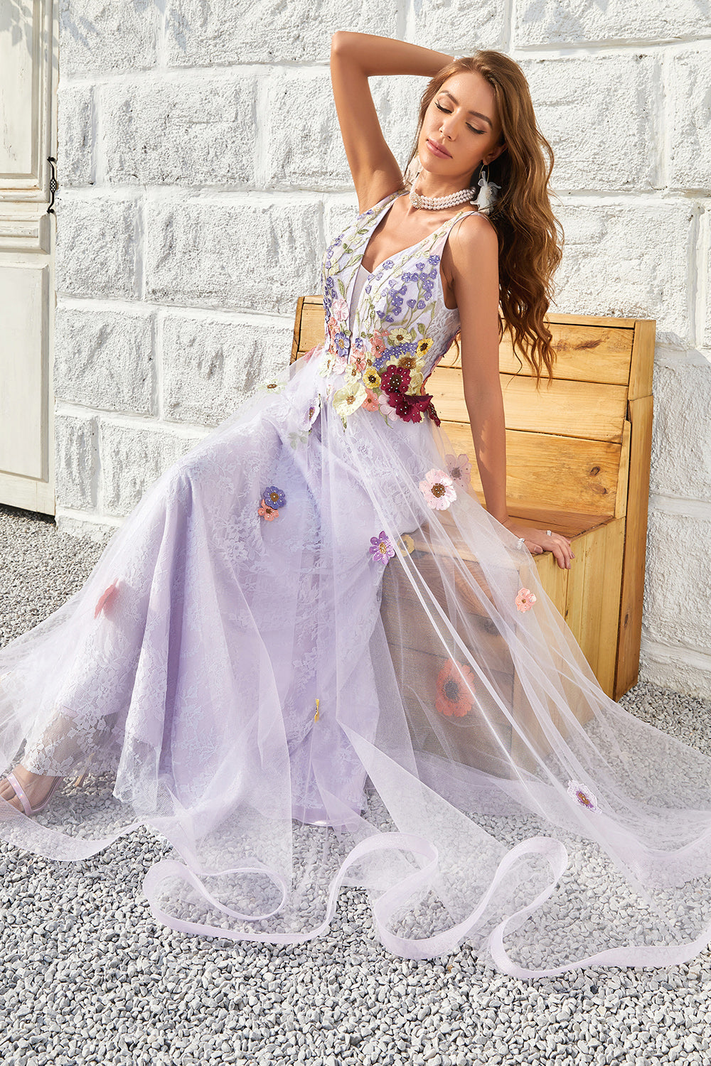 A Line Deep V Neck Lavender Long Prom Dress with Open Back