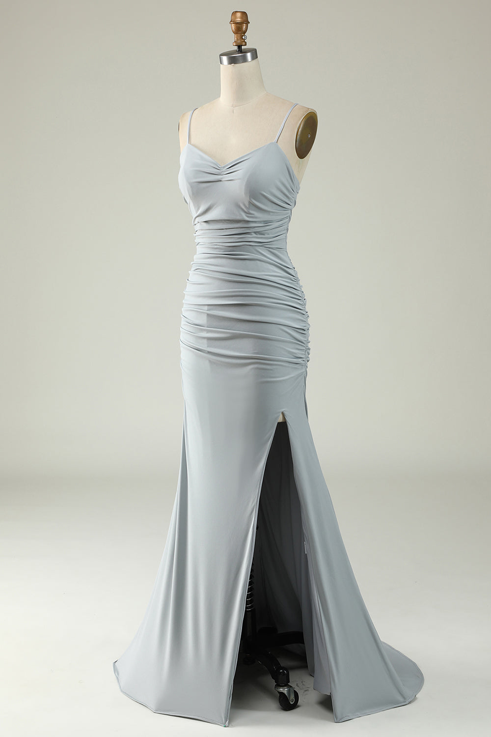 Mermaid Spaghetti Straps Grey Plus Size Prom Dress with Criss Cross Back