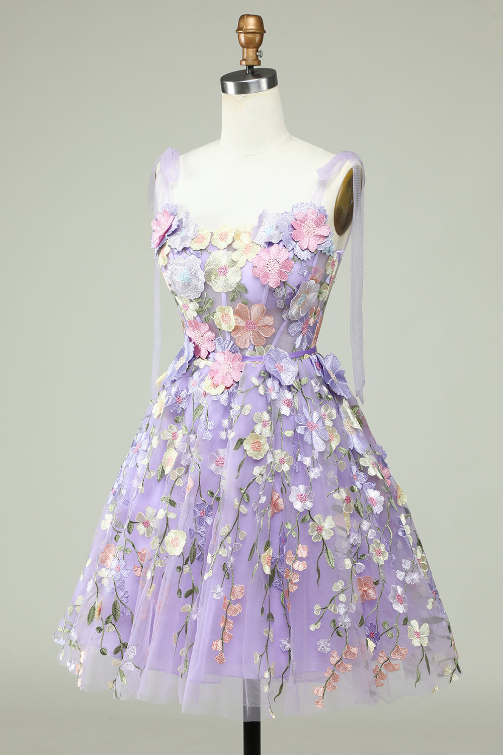 A Line Spaghetti Straps Purple Corset Homecoming Dress with 3D Flowers