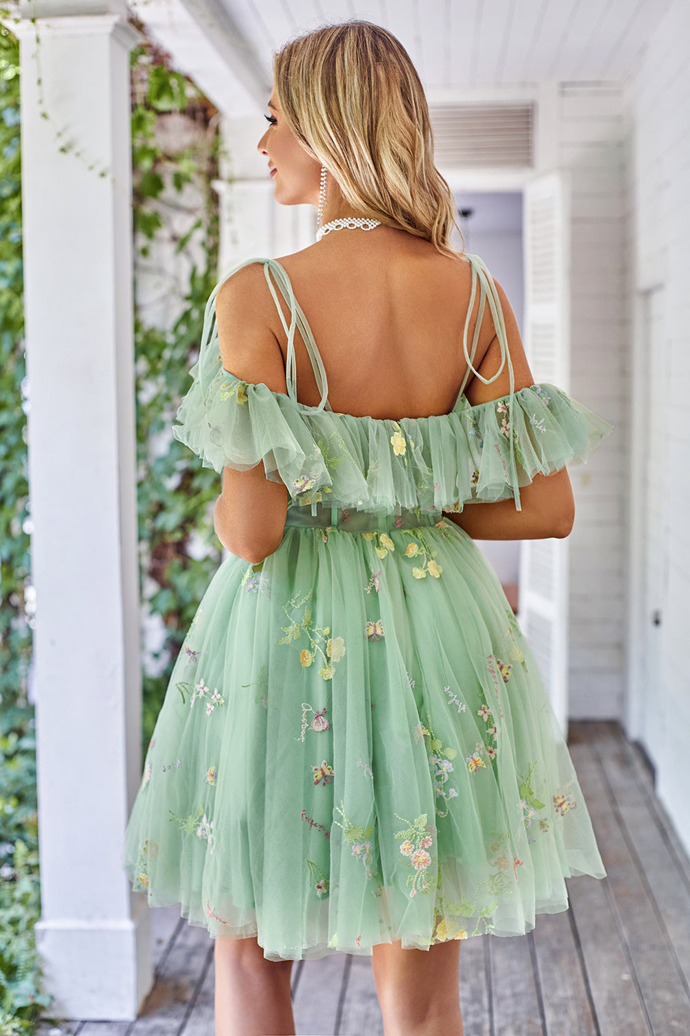 Off the Shoulder Ruffles Tulle Homecoming Dress with Embroidery