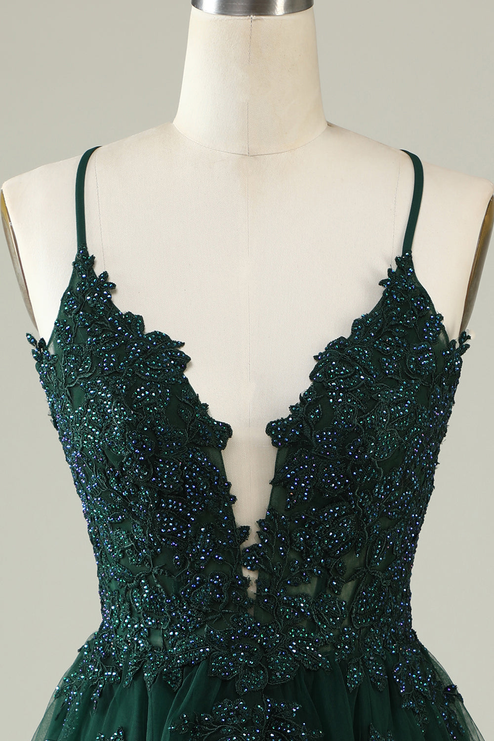 A Line Spaghetti Straps Dark Green Short Homecoming Dress with Appliques