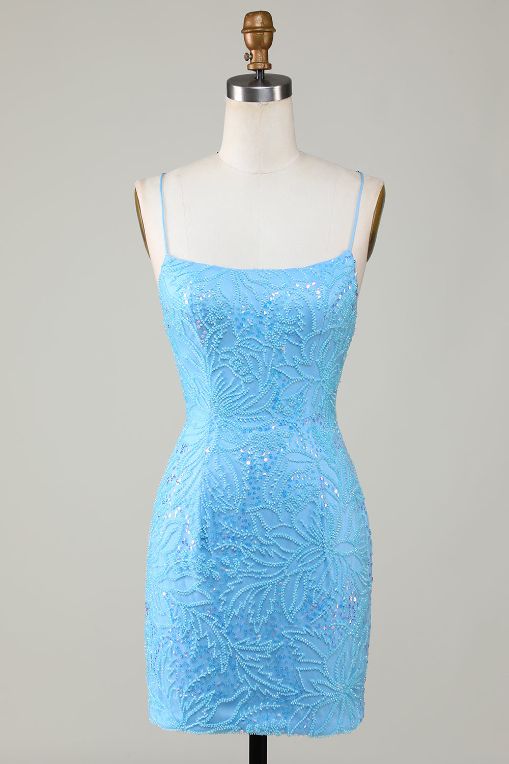 Sparkly Tight Blue Beaded Spagetti Straps Short Homecoming Dress
