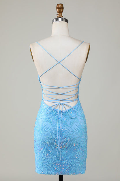 Sparkly Tight Blue Beaded Spagetti Straps Short Homecoming Dress