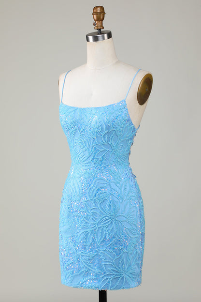 Sparkly Tight Blue Beaded Spagetti Straps Short Homecoming Dress