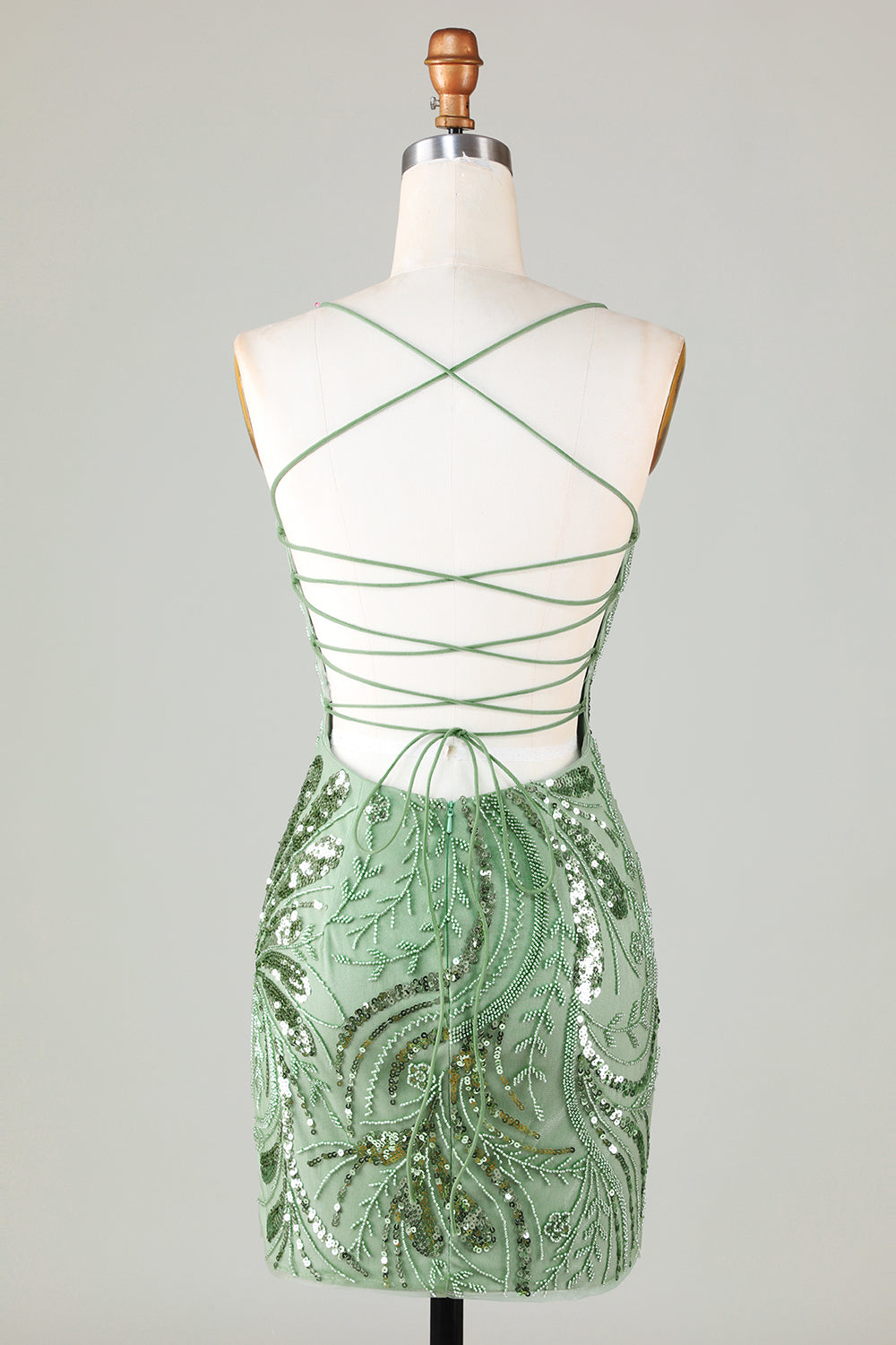 Sparkly Sheath Spaghetti Straps Green Short Homecoming Dress with Criss Cross Back