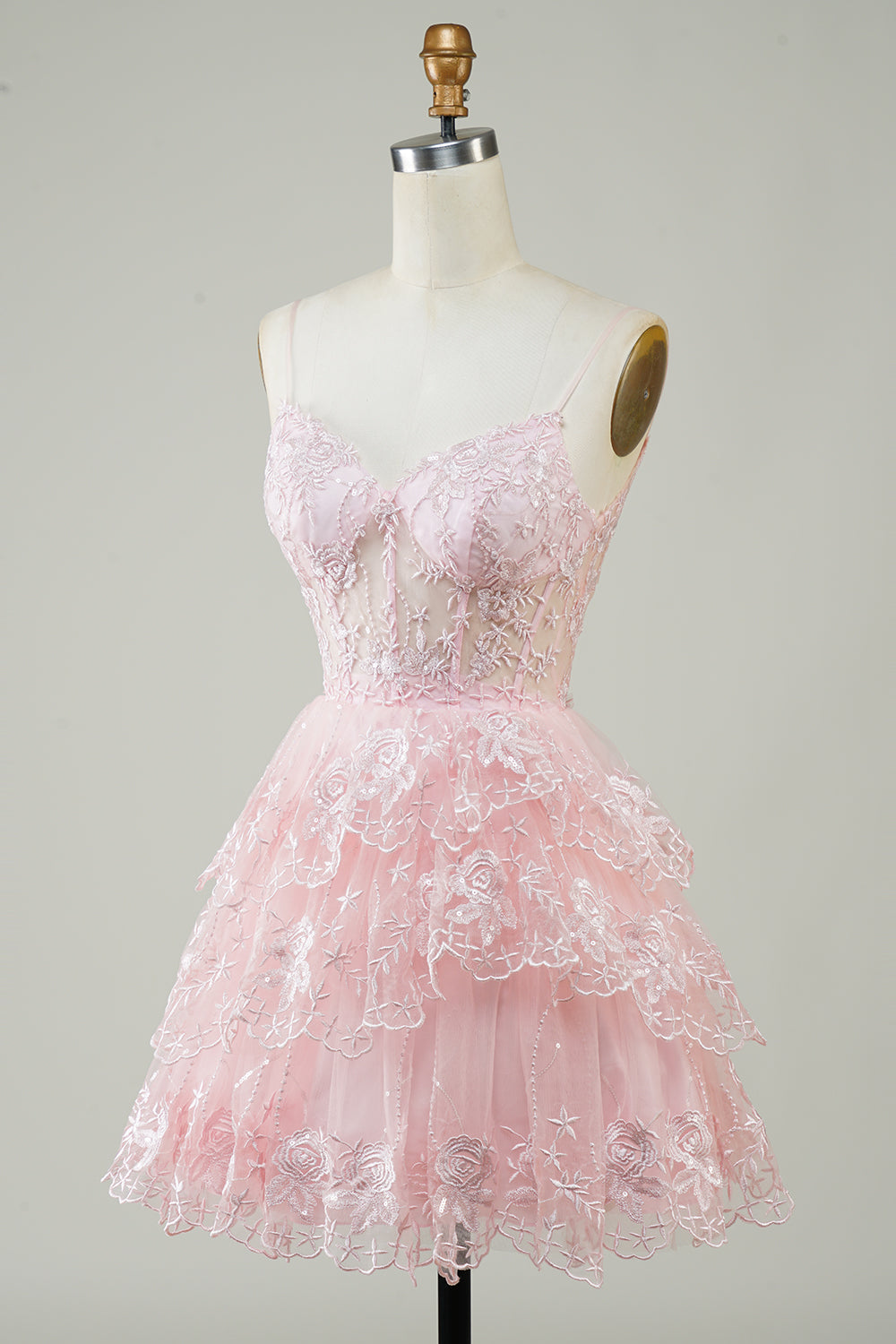 Gorgeous A Line Spaghetti Straps Pink Sparkly Corset Homecoming Dress