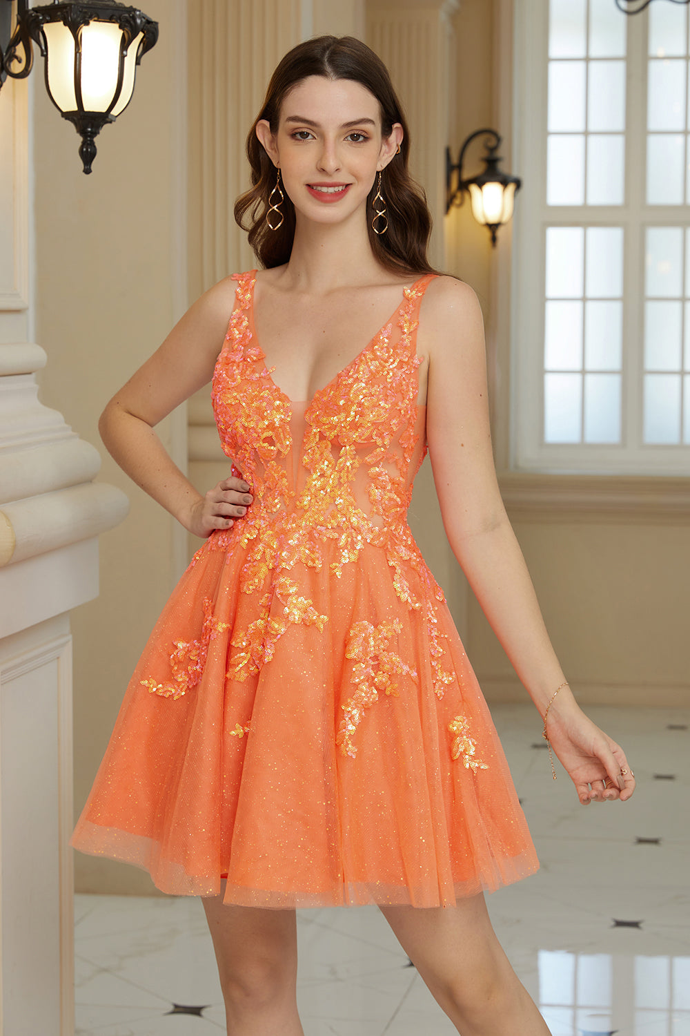 Orange A Line Glitter Homecoming Dress with Sequins