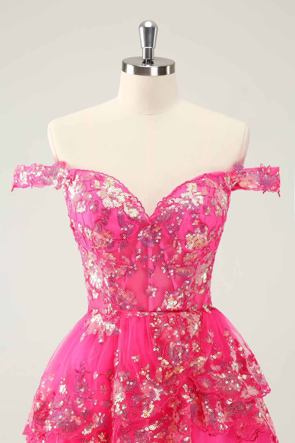 Cute Sparkly Hot Pink A Line Tiered Corset Lace Short Homecoming Dress