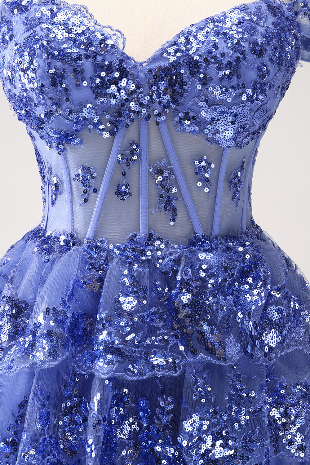 Sparkly A Line Off the Shoulder Dark Blue Corset Homecoming Dress with Ruffles