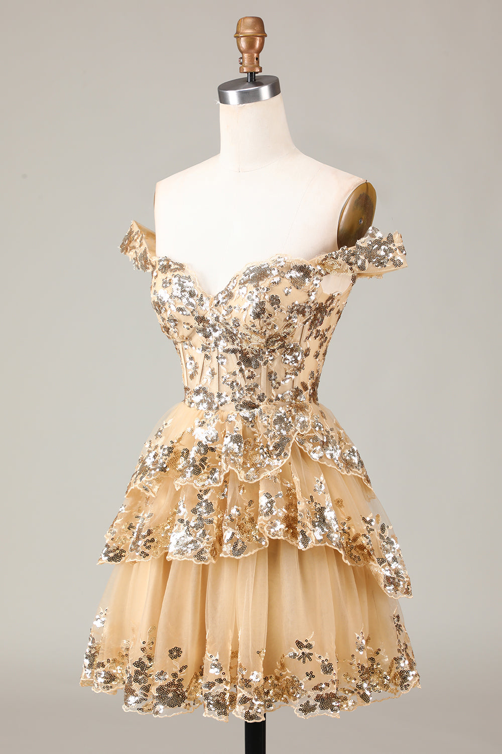 Sparkly Golden Corset Tiered Lace A-Line Short Homecoming Dress