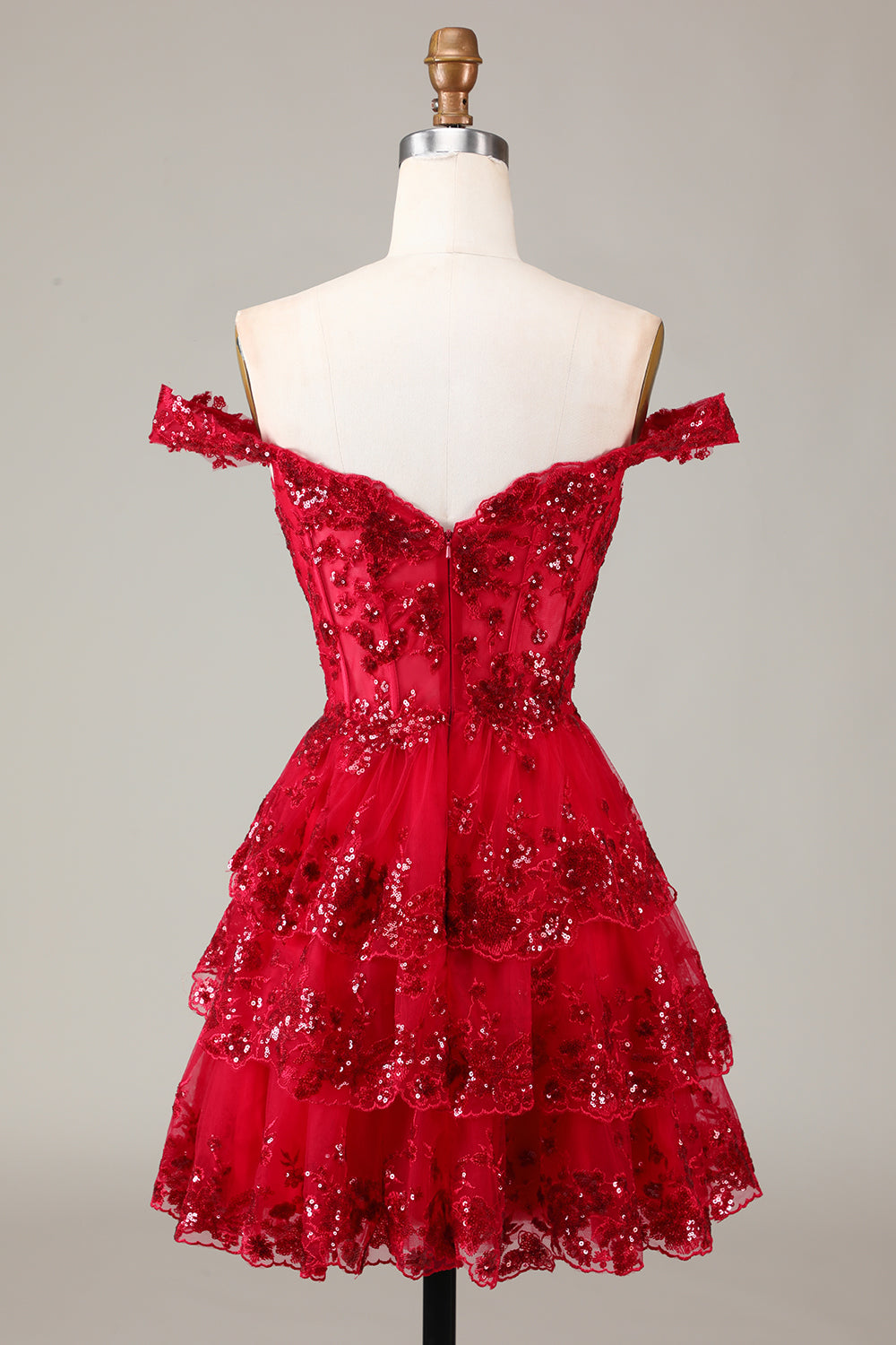 Sparkly Red Corset Tiered Lace A-Line Short Homecoming Dress