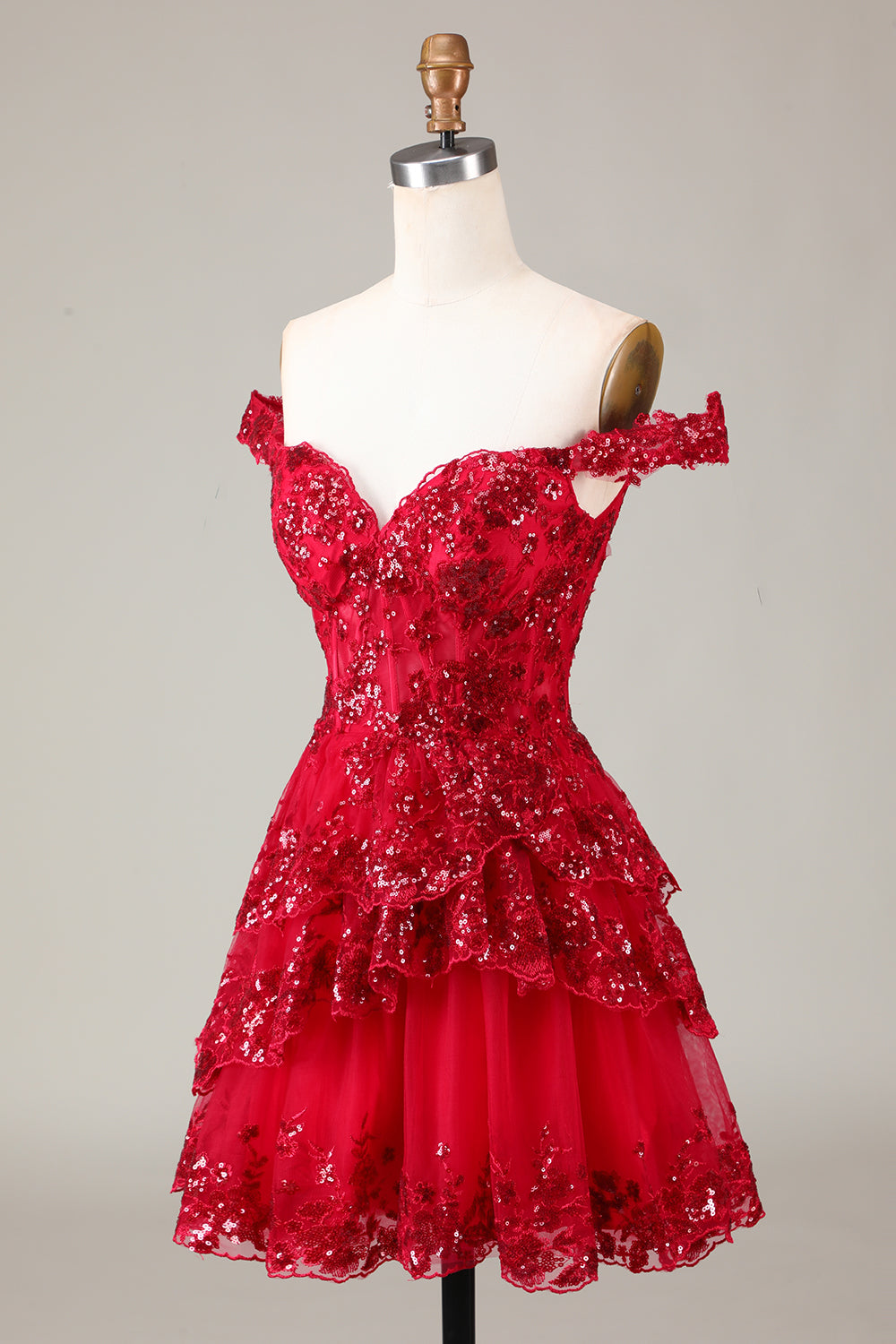 Sparkly Red Corset Tiered Lace A-Line Short Homecoming Dress