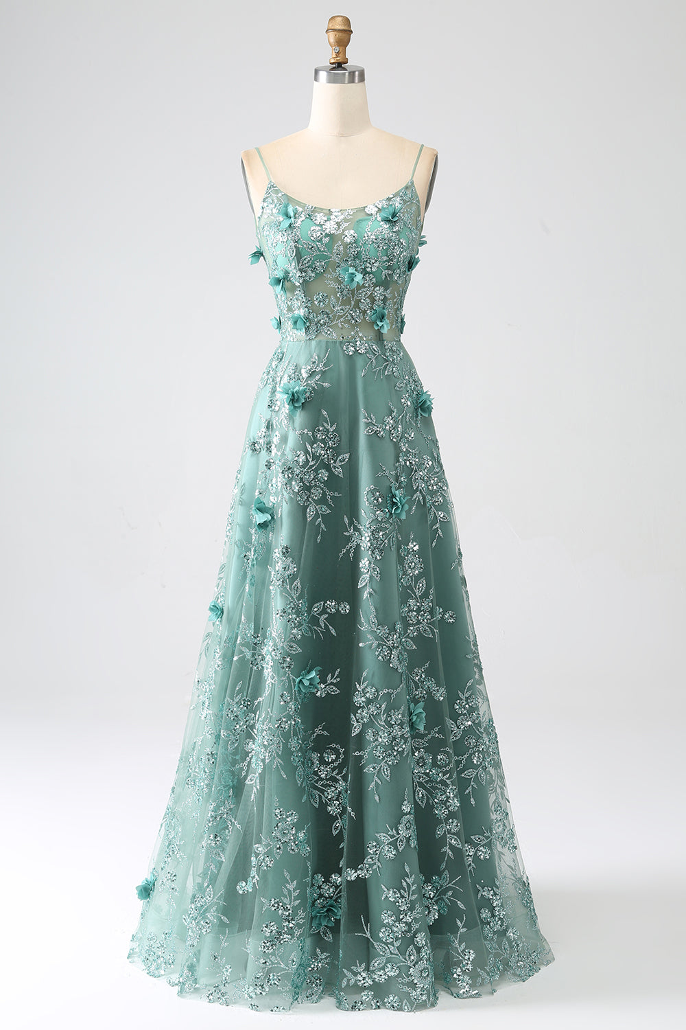 Glitter Grey Green Lace Flower Long Corset Prom Dress