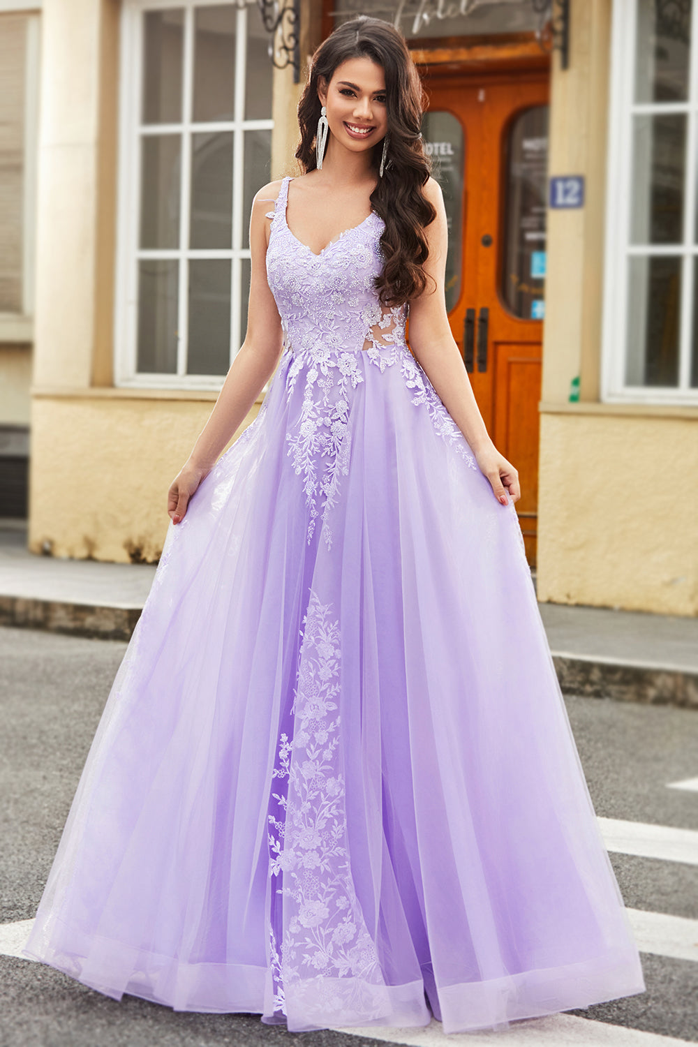 Gorgeous A Line Spaghetti Straps Lilac Tulle Long Prom Dress with Appliques