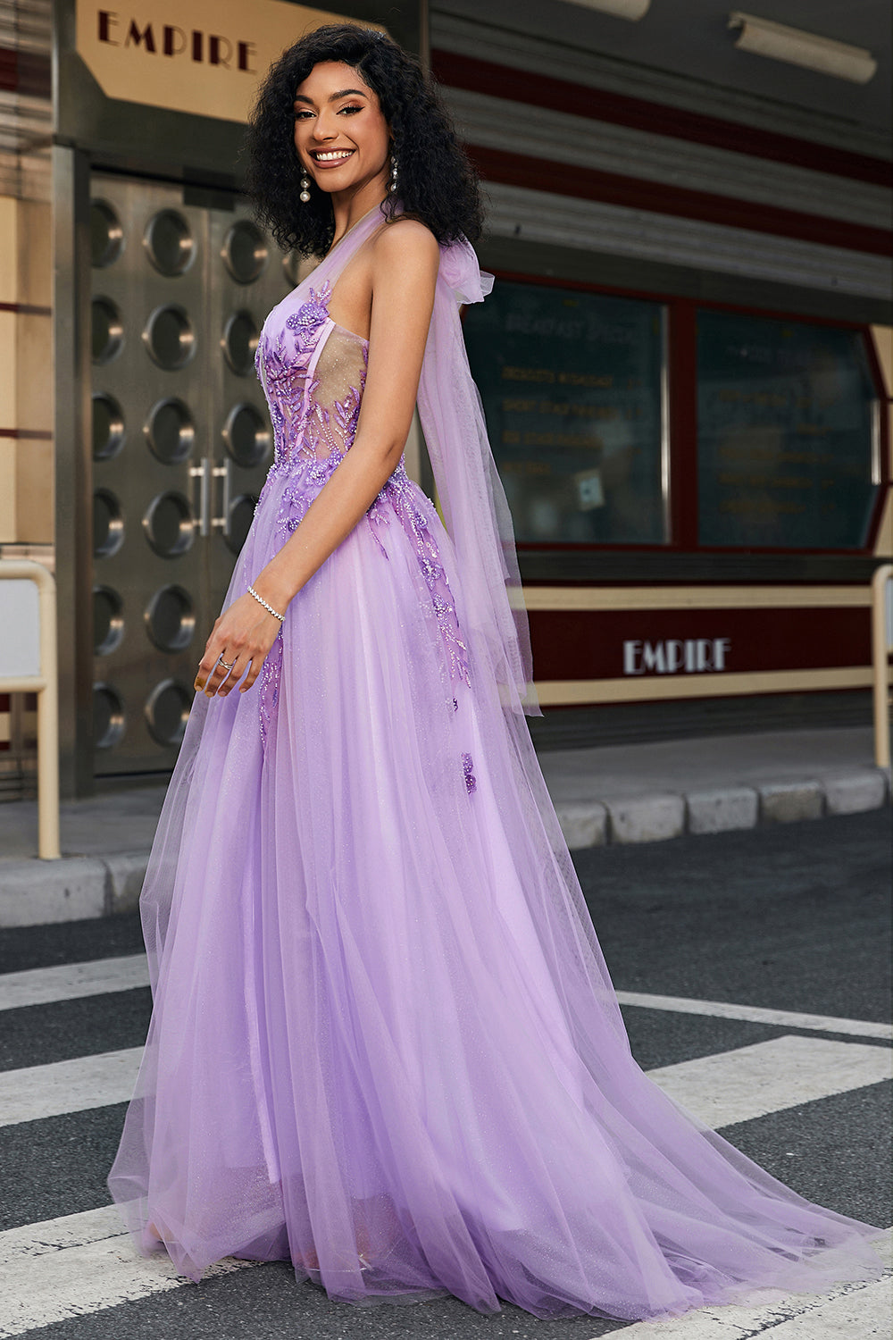 Gorgeous A Line Halter Neck Grey Purple Corset Prom Dress with Appliques