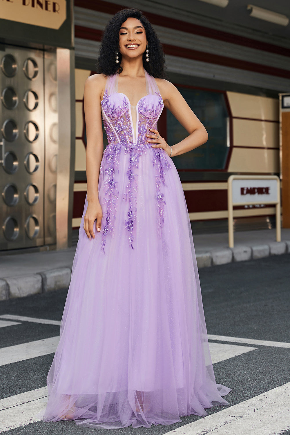 Gorgeous A Line Halter Neck Grey Purple Corset Prom Dress with Appliques