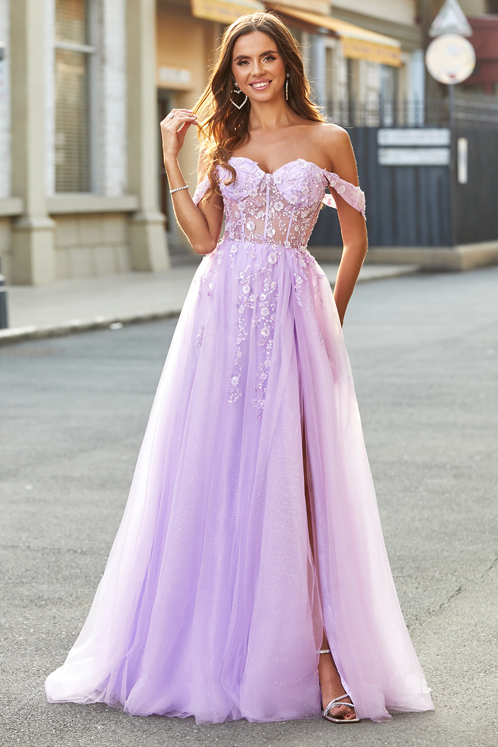 Off The Shoulder Light Purple A-Line Beaded Corset Prom Dress