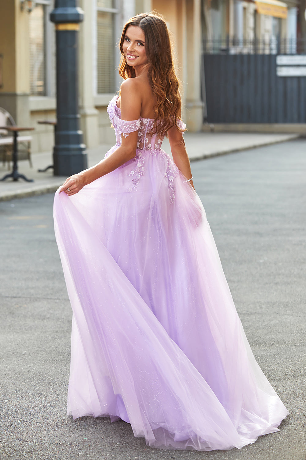 Off The Shoulder Light Purple A-Line Beaded Corset Prom Dress