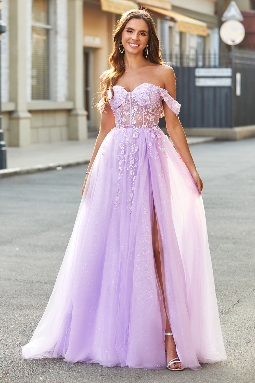 Off The Shoulder Light Purple A-Line Beaded Corset Prom Dress