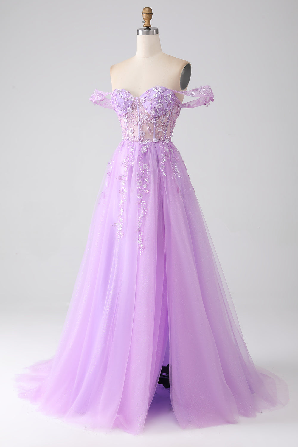 Lilac A-Line Off The Shoulder Beaded Corset Prom Dress