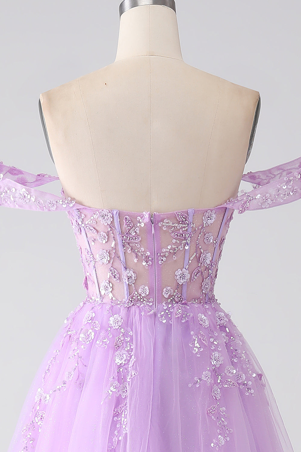 Lilac A-Line Off The Shoulder Beaded Corset Prom Dress