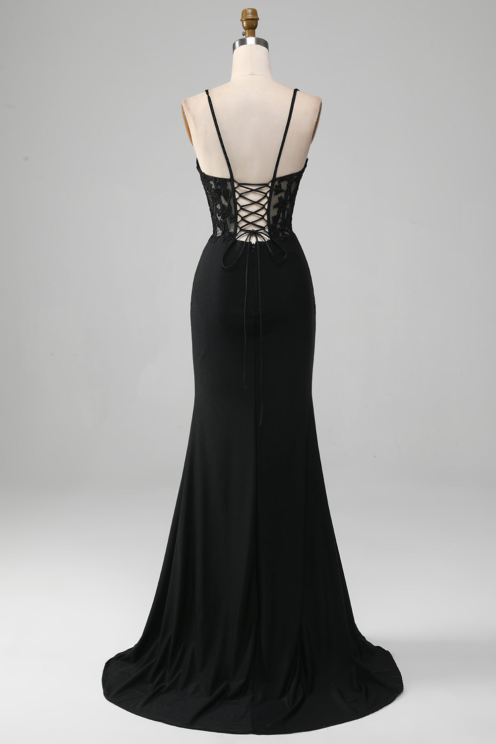 Black Mermaid Spaghetti Straps Corset Prom Dress With Appliques