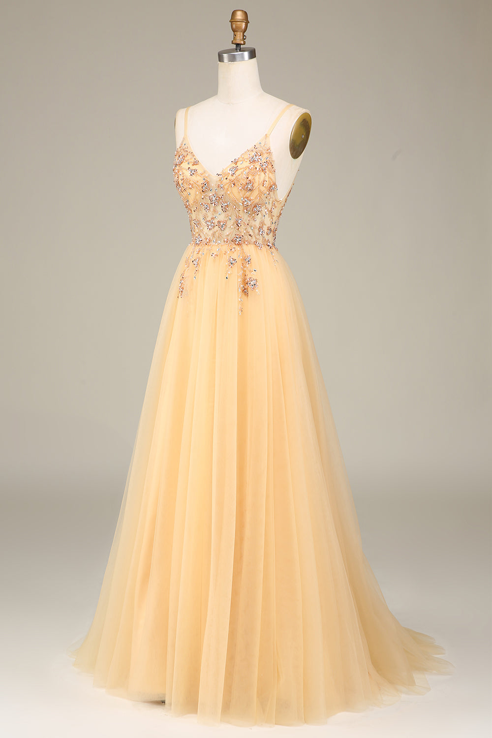 Charming A Line Spaghetti Straps Golden Long Prom Dress with Beading