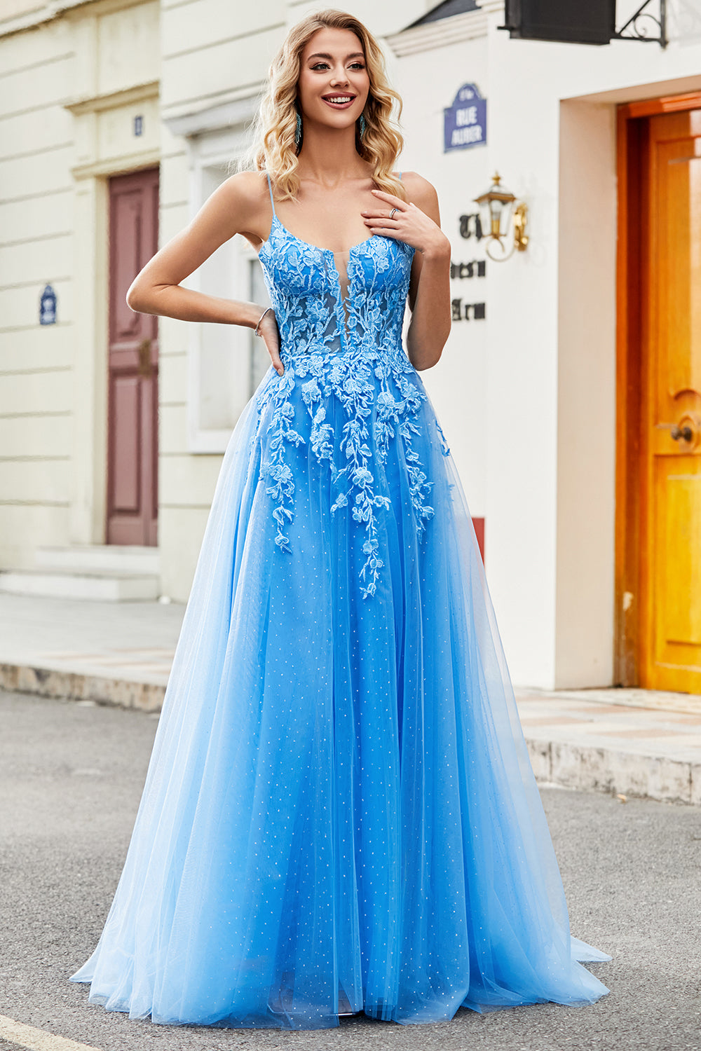 Gorgeous A Line Spaghetti Straps Blue Long Prom Dress with Appliques