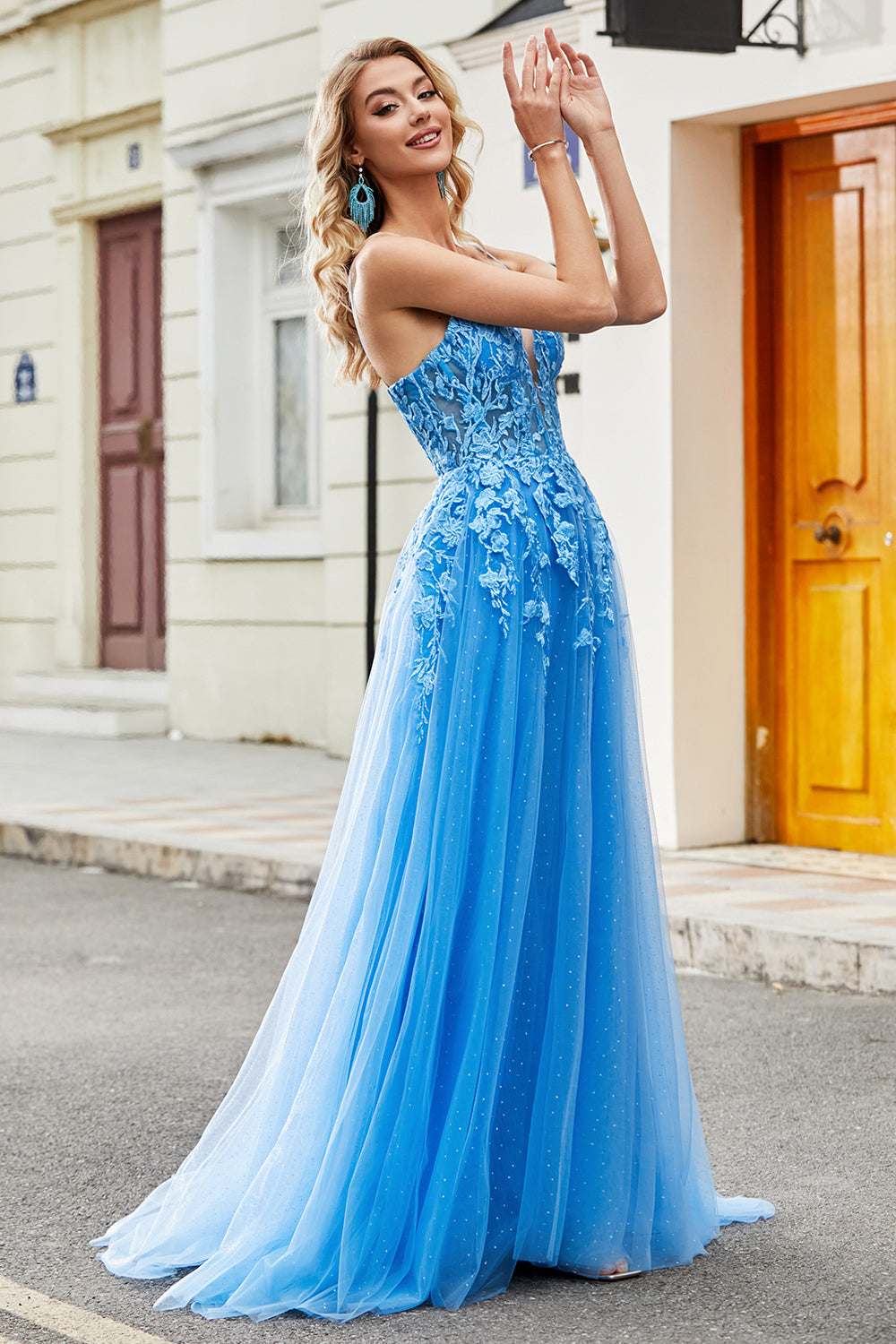 Gorgeous A Line Spaghetti Straps Blue Long Prom Dress with Appliques