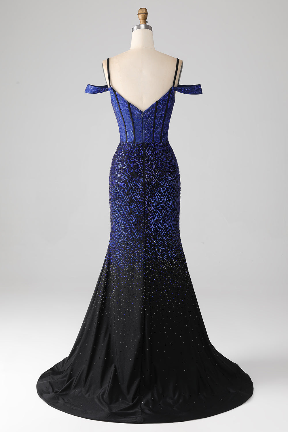 Sparkly Navy Mermaid Long Corset Prom Dress with Slit