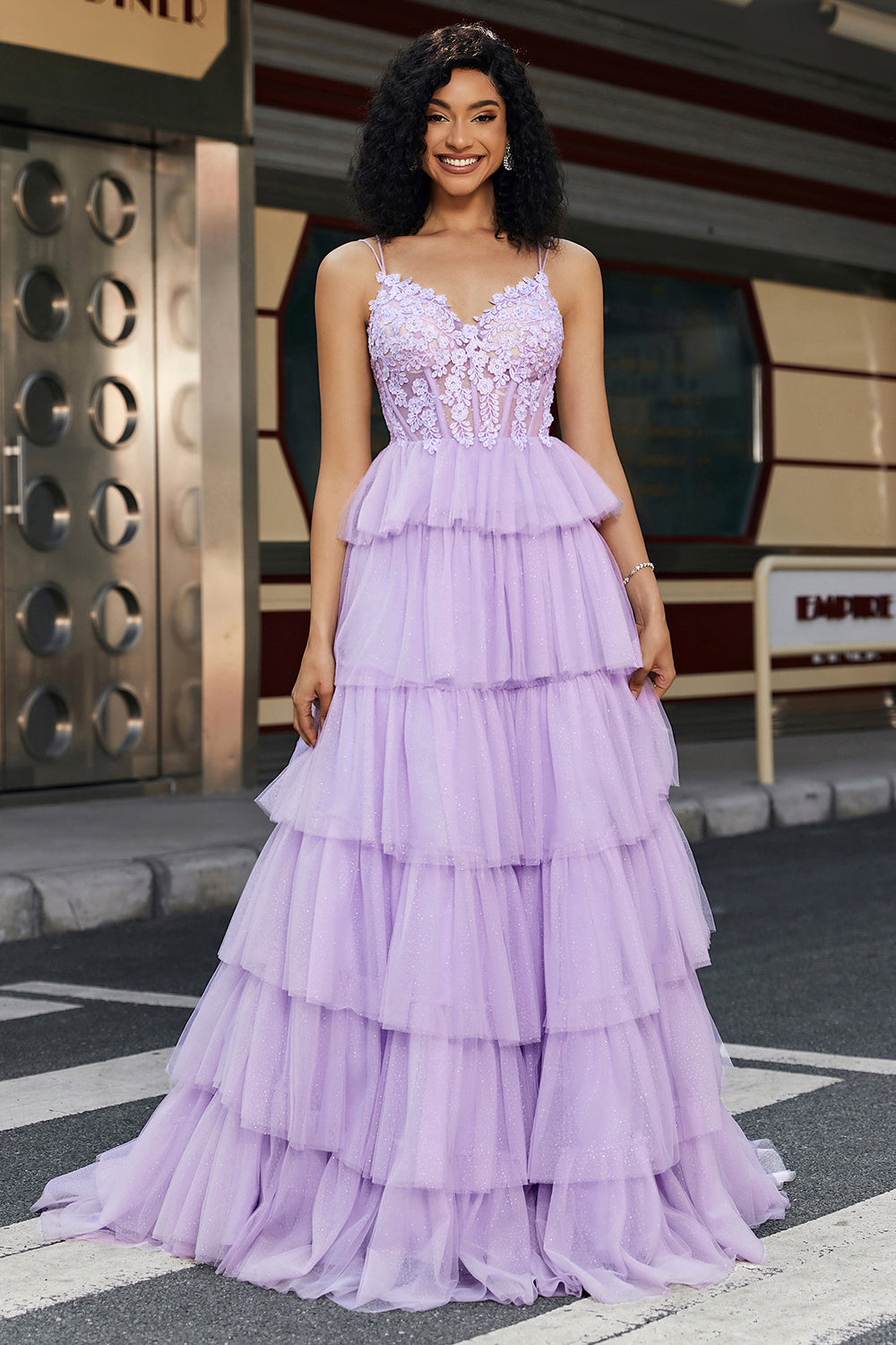 Purple Princess A Line Spaghetti Straps Corset Prom Dress with Appliques Ruffles