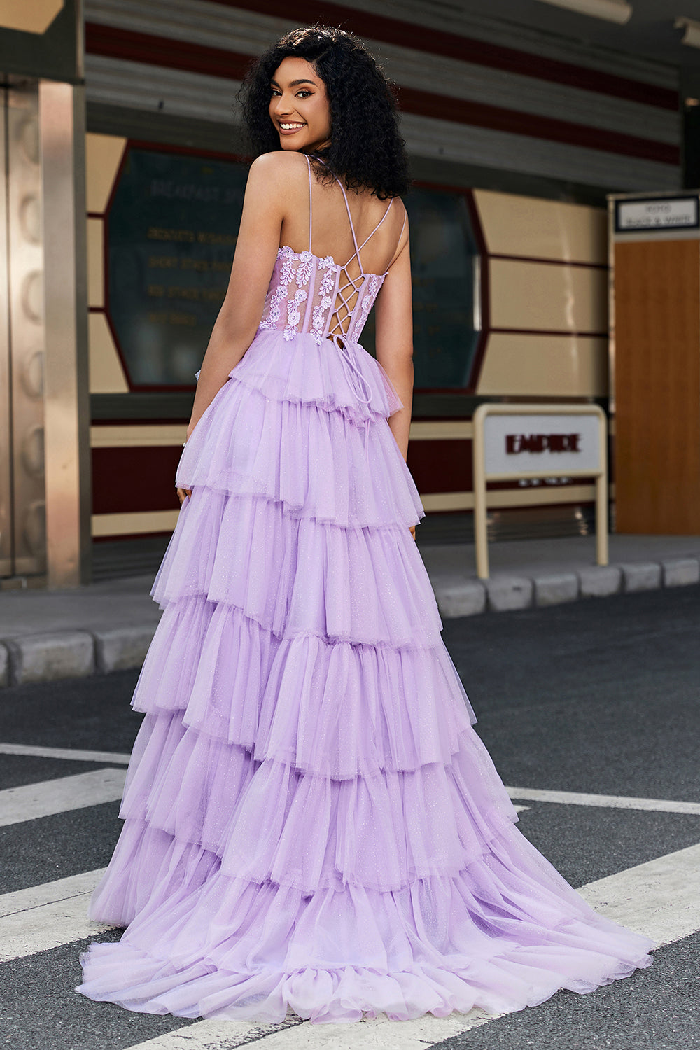 Purple Princess A Line Spaghetti Straps Corset Prom Dress with Appliques Ruffles