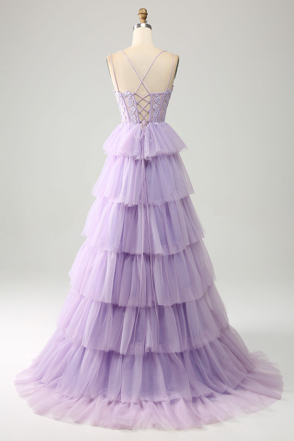 Lilac Tulle Tiered Princess Corset Prom Dress with Appliques